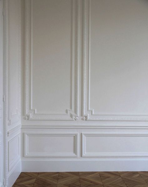 Classic architectural wall embellishments featuring decorative wall panels, chair rail and baseboard molding; paneled wall ideas; wall paneling Architectural Wall Panel, Baseboard Styles, French Country Rug, False Ceiling Living Room, Plafond Design, French Walls, Panel Moulding, Wall Trim, Decorative Wall Panels