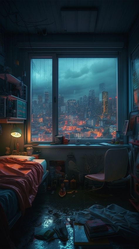 A cosy bedroom with an amazing night view of a cyberpunk city. This bedroom interior AI artwork is generated using Midjourney. Bedroom Anime Background Night, Night Room Illustration, Bedroom In Night, Bedroom Backgrounds, Bedroom With View, Cyberpunk Bedroom, Night Interior, Wallpapers Bedroom, Bedroom Anime