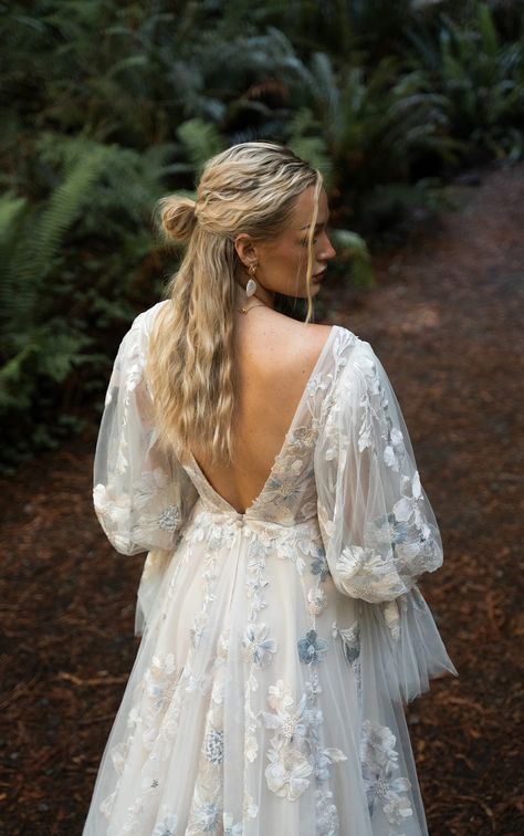 Romantic Floral Lace Boho Wedding Dress with Blouson Sleeves Blue Embroidered Wedding Dress, Spring Outdoor Wedding Dress, Boho Wedding Dress Floral, Floral Vintage Wedding Dress, Floral Lace Long Sleeve Wedding Dress, Elegant Bohemian Wedding Dress, Wedding Dresses Flowers Embroidery, Embroider Wedding Dress, Boho Wildflower Wedding Dress