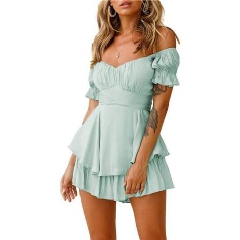 *Features: Dressy-Like Ruffle Rompers Shorts For Women, Puff Sleeve, Off Shoulder, Strapless, Short Lantern Ruffle Sleeve, Smocked Bust, Backless, Zip Up Back Closure, Tie Knot Back, Wide Legs, High Wasit And Fashion Double Layer Tiered Ruffle Hem. *Off The Shoulder Or Square Neck Style Shows Your Perfect Shoulder/Neck Line And Feminine Charming. Corset Bust And Criss Cross Belt Tie Up In Back Shows The Body Curve Very Well, Make You Looks Slimmer, Attractive And Chic. *Summer Beach Party Chiffo Playsuit Pattern, Chic Romper, Romantic Academia, Boho Jumpsuit, Off Shoulder Jumpsuit, Chiffon Shorts, Kawaii Dress, Boho Romper, Jumpsuit Elegant