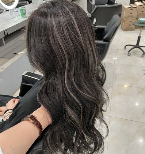 Brownish Black Hair With Highlights, Dark Hair With Highlights Cool Tone, Pale With Dark Brown Hair, Ash Hair Highlights For Dark Hair, Hair Ideas For Black Hair Haircolor, Brown Hair With Highlights Korean, Highlights Black Hair Blonde, White Peak A Boo Hair, Low Lights On Black Hair Dark Brown