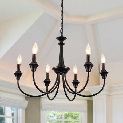 This dining room lighting fixture hanging is made from high-quality iron material, six candelabra-style arms are complemented by a matte black finish, which is anti-corrosion and anti-rust and will serve longer. Its simple and elegant design will be perfect for a variety of styles, such as Shabby Elegance, modern, classic, antique, farmhouse, rustic, retro, french countryside, and industrial. Finish: Black | August Grove® Breckon 6 - Light Dimmable Classic / Traditional Chandelier Metal in Black Black Chandelier Dining Room Farmhouse, Chandelier Dining Room Farmhouse, Dining Room Chandelier Farmhouse, Modern Farmhouse Dining Room Lighting, Black Chandelier Dining Room, Farmhouse Dining Room Light, Dining Room Lighting Fixtures, Black Farmhouse Chandelier, Farmhouse Dining Room Lighting