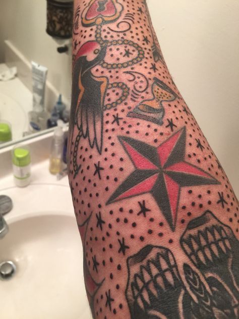 Stars Traditional Tattoo, Nautical American Traditional Tattoo, Nautical Star Tattoos For Men, Notical Tattoos, Star Traditional Tattoo, Traditional Star Tattoo, Nautical Star Tattoo, Star Sleeve Tattoo, 24 Tattoo