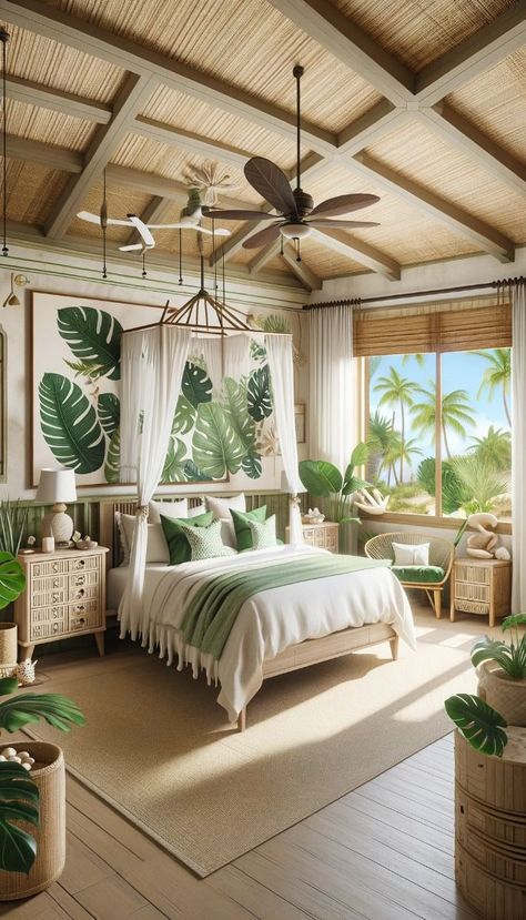 21 Fresh Bedroom Decoration Ideas to Refresh Your Space Coastal Tropical Decor, Tommy Bahama Bedroom Ideas, Bali Bedroom Inspiration, Jungle Ceiling, Tropical Entryway, Tropical British Colonial Interiors, Colonial Caribbean, Tropical Bedroom Ideas, Tropical Cabin