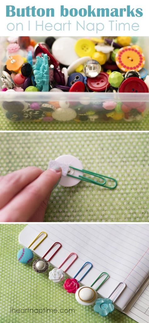 DIY simple and cute button bookmarks - What to do with all of those leftover buttons... Plus lots of other simple craft ideas. Button Crafts For Kids, Diy Marque Page, Diy Button Crafts, Creative Diy Bookmarks, Paperclip Crafts, Bookmark Diy, Paperclip Bookmarks, Cute Diy Projects, Creative Bookmarks