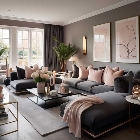 Modern Living Room Magic with Grey and Pink Tones • 333+ Images • [ArtFacade] Grey Pink Black Living Room, Gray Pink White Living Room, Black White Grey Pink Living Room, Living Room Accent Colors Ideas, Grey Pink And Black Living Room, Brown And Pink Decor Living Room, Country Chic Apartment, Modern Chic Living Room Luxury, Blush And Gray Living Room