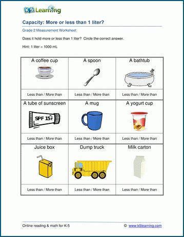 Grade 2 Capacity Worksheets: More or less than 1 liter | K5 Learning Capacity Activities, Worksheets Grade 2, Capacity Worksheets, Worksheet For Class 2, Volume Worksheets, Good Study Habits, Measurement Worksheets, Measurement Activities, Math Measurement