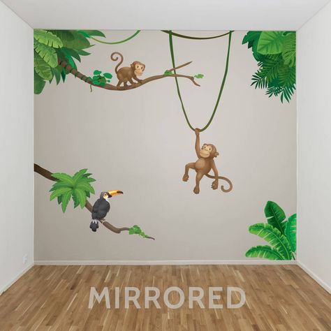 Jungle Wall Mural Kids, Jungle Mural For Kids, Jungle Wall Painting, Tree Decal Nursery, Unisex Baby Room, Jungle Wall Decor, Jungle Wall Stickers, Jungle Crafts, Nursery Wall Painting