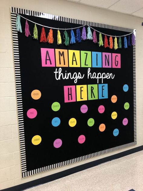 Colorful Bulletin Board Occupational Therapy Bulletin Boards, Amazing Things Happen Here Bulletin, Colorful Bulletin Boards, Work Bulletin Boards, Diy Classroom Decorations, Classroom Wall Decor, Preschool Bulletin, Classroom Board, Aktivitas Montessori