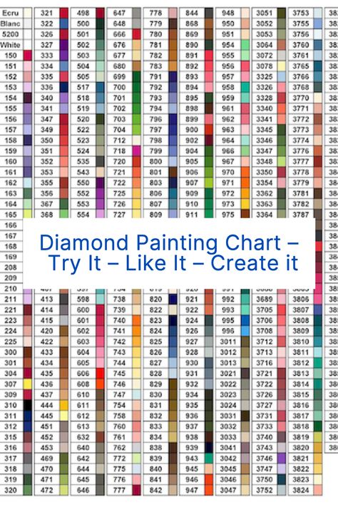 A free printable color chart to use with diamond painting and DMC threads. Diamond Art Beads, Diamond Dotz Color Chart, Diamond Art Color Chart, Dmc Diamond Painting Color Chart, Make Your Own Diamond Painting, Diamond Dotz Freestyle Patterns, Free Diamond Painting Patterns, Dmc Floss Chart Printable Free, Diamond Painting Jewelry