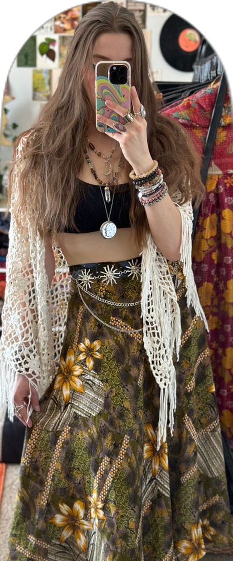 hippie outfit hippie fashion hippie style hippie fashion style hannah drapinski hippie jewelry hippie lifestyle maxi skirt outfit styling 70s Denim Skirt Outfit, 1970s Skirt Outfit, Hippy Skirt Outfit, Cowgirl Hippie Outfits, Hobo Aesthetic Outfit, Hippie 60s Outfits, Summer Hippie Outfits 70s, Hannah Drapinski, 70s Hippie Aesthetic Outfit