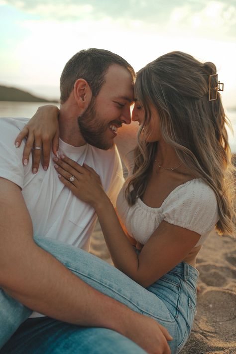 Sunset beach engagement session candid documentary editorial style couples poses and prompts along with the perfect summer night taken by a documentary luxury wedding photographer based in minneapolis minnesota Boyfriend Pictures Professional, Couple Ideas Photoshoot, Cute Poses For Boyfriend, Golden Hour Engagement Pictures Beach, Couple Photos In The Ocean, Engagement Photo Sunset, Couple Poses With Shorter Guy, Greenery Couple Photoshoot, Beach Engagement Pictures Poses