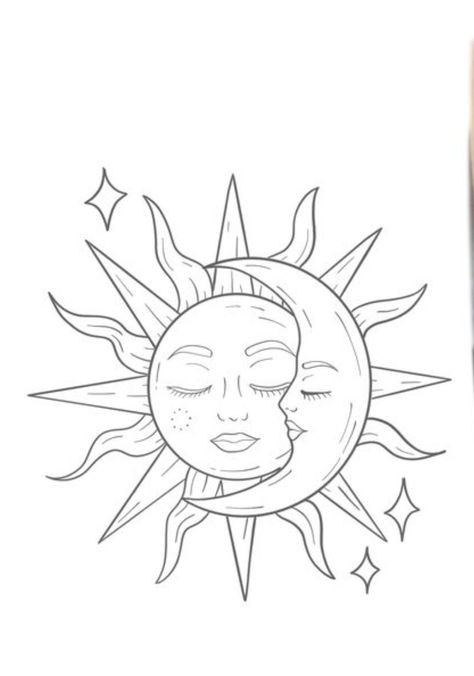 Bodypainting, Sun And Moon Stencil Tattoo Ideas, Sun And Moon Tattoo With Flowers, Celestial Sun And Moon Art, Sun And Moon Tattoo Stencil, Moon And Sun Drawing, Sun Moon Drawing, Tattoo Sol E Lua, Tattoo Stencil Paper