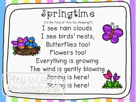 Spring Centers by Play to Learn Preschool Spring Nursery Rhymes, Spring Rhymes Preschool, Spring Fingerplays Preschool, Spring Circle Time Preschool, Spring Preschool Songs, Spring Books For Preschool, Spring Learning Activities For Toddlers, Spring Time Activities For Preschoolers, Spring Poems For Kids