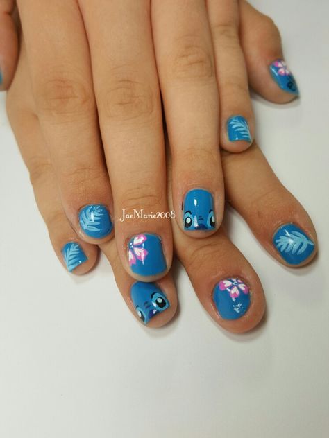 "STITCH" Nail Art by JaeMarie2008, done on my stepdaughter 's nails Aby❤ Nail Art Designs Stitch, Gel Nail Designs Stitch, Nails Stitches Design, Acrylic Nails Stitch, Nails Stitch Disney, Cute Nail Designs Disney, Disney Stitch Nail Designs, Stitch Nails Disney Short, Stitch Nails Simple