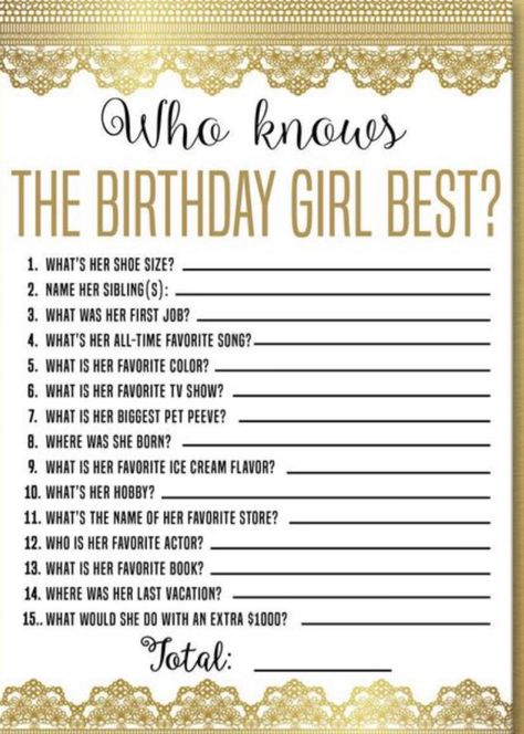 Who knows the birthday girl the best you can print these as a party game of just call the off your device Birthday Party Game Ideas, Sweet 16 Party Planning, 17. Geburtstag, Teen Girl Birthday Party, Girls Birthday Party Games, Sweet 16 Party Themes, Birthday Sleepover Ideas, Unique Birthday Party, Party Game Ideas