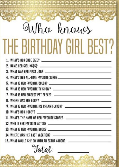 Who knows the birthday girl the best you can print these as a party game of just call the off your device Birthday Party Game Ideas, Sweet 16 Party Planning, Teen Girl Birthday Party, 17. Geburtstag, Girls Birthday Party Games, Birthday Sleepover Ideas, 14th Birthday Party Ideas, Party Game Ideas, Unique Birthday Party