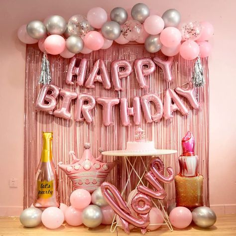 PRICES MAY VARY. [BIRTHDAY DECORATIONS FOR WOMEN AND GIRLS] This quality pink birthday decorations set which include: Happy Birthday banner,2pcs fringe party curtains, 1 crown balloon, 1 wine bottle balloon, 1 lipstick balloon, 1 balloon chain, 3 confetti balloons, 20 silver balloons, 30 pink balloons, 1 love balloon, 2 balloon straws, and 2 balloon ribbons [2 PINK FRINGED FOIL CURTAINS] 1m*2m large, come with adhesive strip at the back, so just peel of the tape, hanging this curtain on walls an Shiny Backdrop, Crown Balloon, Pink Birthday Party Decorations, Foil Curtains, Pink Birthday Decorations, Birthday Decorations For Women, 2 Balloon, Gold Birthday Decorations, Pink Party Supplies