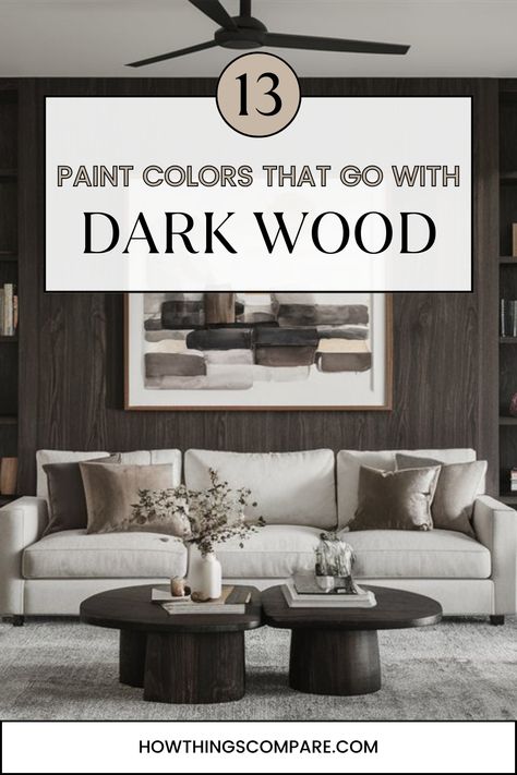 13 Paint Colors That Go With Dark Wood. Transform your space with these 13 perfect paint colors that complement dark wood! Ideal for homes with dark brown trim, dark floors, or dark furniture. #DarkWood #DarkBrownTrim #DarkFloorsWallColor #DarkFurniture #InteriorDesign Paint Colors With Dark Walnut Trim, Dark Espresso Floors, Best Paint Colors For Dining Room With Dark Furniture, Gray Walls Dark Furniture, Dark Wood Floors Paint Walls, Living Room Inspo Dark Floors, Paint Colors For Home With Dark Floors, Paint Colors That Go With Dark Floors, Sherwin Williams Paint Colors With Dark Wood Trim