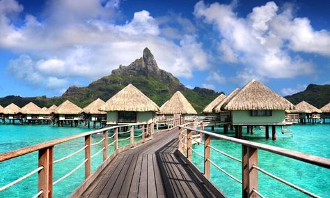 Bora Bora is a small South Pacific island northwest of Tahiti in French Polynesia. Surrounded by sand-fringed motus (islets) and a turquoise lagoon protected by a coral reef, it’s known for its scuba diving. It's also a popular luxury resort destination where some guest bungalows are perched over the water on stilts. At the island's Bora Bora Hotels, Bora Bora Island, Napa Valley Wine Train, Bora Bora Honeymoon, Costco Travel, Le Meridien, Water Villa, Overwater Bungalows, Glass Floor