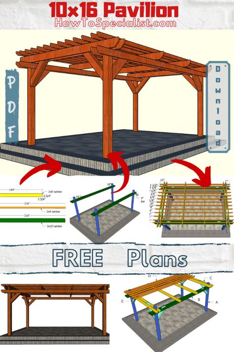 This step by step tutorial is about how to build a 10x16 pergola. The free plans come with step by step 3D diagrams and instructions. Full Cut & Shopping lists included. PDF download and Print Friendly. #pergola #gardenpergola #10x16pergola Pergola Plans Diy, Free Standing Pergola, Pergola Diy, How To Build Steps, Building A Pergola, Wood Pergola, Backyard Pergola, Pergola Plans, Pergola Patio