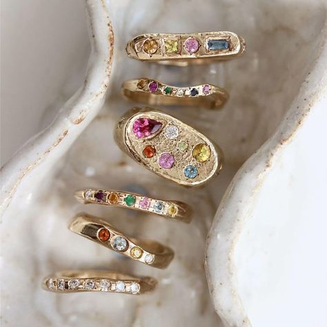 Gold Gem Rings, Eliou Jewellery, Stacked Rings Wedding, Rings Styling, Just To Say Hello, Asymmetrical Jewelry, Rings Colorful, 14kt Gold Jewelry, Gem Rings
