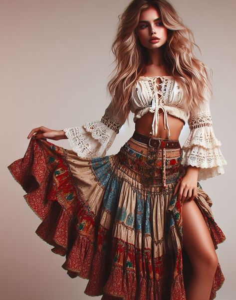 Haute Couture, Edgy Boho Chic Outfits, Indie Rock Concert Outfit Summer, South American Clothing, Boho Chic Photoshoot, Boho Coachella Outfits, Boho Summer Outfits Bohemian, Gypsycore Fashion, Mystical Outfits