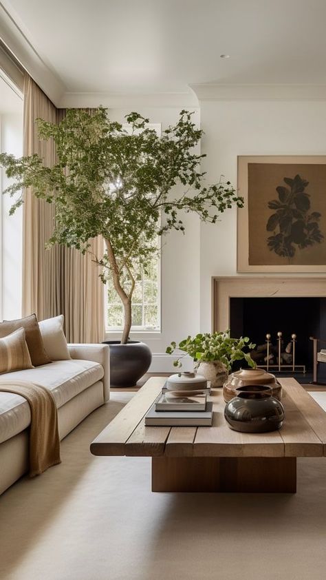 The Best Faux Trees – Adiona Interiors Modern Organic Living Room, Organic Interior Design, Faux Trees, Organic Modern Living Room, Organic Interior, Organic Living Room, Japandi Living Room, Tree Interior, Transitional Interior Design