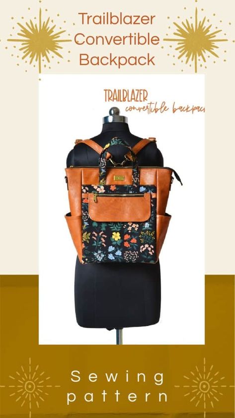 Trailblazer Convertible Backpack sewing pattern. It's a zippered top tote bag and backpack that can be carried in a multiple of ways. It can be used as a work tote, diaper bag, travel bag, and a comfortable backpack to keep your hands free while you shop. With nine pockets you'll have plenty of places to store your things. One of the best convertible bag sewing patterns, this DIY bag to sew has it all. Couture, Diaper Bag Pattern Free, Diaper Bag Sewing Pattern, Leather Backpack Pattern, Backpack Sewing Pattern, Diy Diaper Bag, Bag Sewing Patterns, Diy Bags No Sew, Tote Bag Backpack