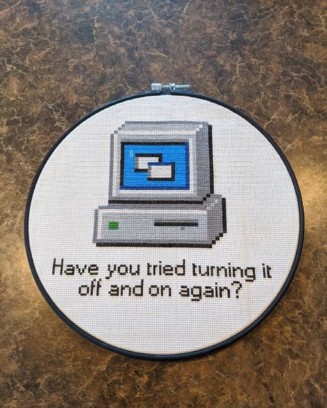 🖥️ Off and On Again Windows 95 Help-desk Cute Geek and Computer Nerd Cross Stitch PDF Pattern 🖥️ Thank you so much to @jenna.michele.4 for posting her finished work of our Off and On Again - Windows 95 pattern. The finished product turned out so well, and your stitching is immaculate 😊 Find this pattern here: homesewnstitches.etsy.com #crossstitch #crossstitchpattern #cutecrossstitch #funnycrossstitch #computercrossstitch #nerd #geek #windows95 Couture, Embroidery Computer Design, Wifi Cross Stitch, Computer Cross Stitch, Last Of Us Cross Stitch, Geek Cross Stitch Patterns, Nerd Cross Stitch, Nerd Embroidery, Gaming Cross Stitch