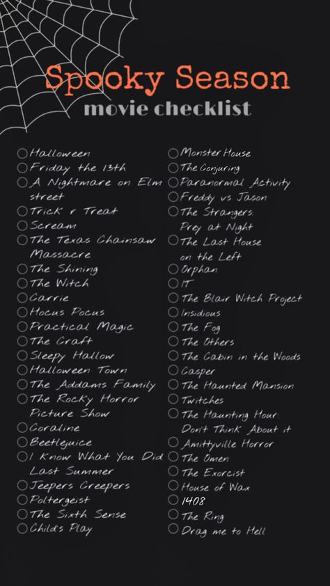 #spooky #spookyseason #halloween #fall #autumn #movie #checklist Scary Movie Checklist, Spooky Season Calendar, Classic Slasher Movies List, 30 Day Halloween Movie Challenge, Halloween Party List Checklist, Slasher Movies List, Fun Halloween Activities For Adults, Spooky Season Books, Movie Night Checklist