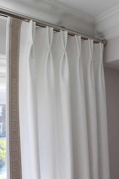 Custom Drapery panels "Cheval", Pinch Pleated, solid coloured drapes with Greek Key Trim, Drapery Panels with lining, custom length #DraperyPanels #DrapesWithPleates #CustomDraperyPanel #WindowDrapes #DraperyPanel #ModernDrapes #PleatedPanels #DesignerDrapes #LinenDrapes #ReadyMadeDrapes Linen Drapery Panels, Drapery Hooks, Custom Drapery Panels, Pinch Pleat Draperies, Pleated Drapery, Linen Drapery, Latest Living Room Designs, Pinch Pleat Curtains, Linen Drapes