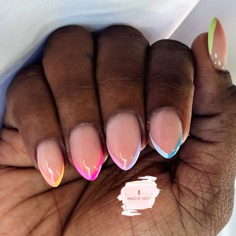 Round Nails Colored Tips, Almond Oval French Tip Nails, Rainbow Tip Almond Nails, Oval Easter Nails, Oval Nails Colored Tips, Easter Nails Acrylic Pastel Almond, 2 Color French Tip Nails Almond, Dual Color French Tip Nails, Colorful Chrome French Tip Nails