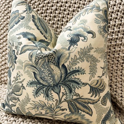 Gorgeous Jacobean floral pillow cover in shades of blue, khaki tan and soft buttercream on a warm creamy ivory background.  The fabric is Richloom's Wicklow in Indigo, a beautifully weighted printed medium weight 100% cotton.  PLEASE READ COMPLETE LISTING CAREFULLY BEFORE ORDERING - Colors will vary between screens, and dye lots can vary.  I describe as much information as possible regarding the fabric colors and textures, but please message me for more information or a swatch if you have any doubts!   *YKK hidden zipper and professionally finished knife-edge seams *Same fabric front and back *Pattern placement varies, please message me with any specific requests *Listing is for pillow cover only (I recommend sizing up 1" - 2" for your insert) *For indoor use only, dry cleaning recommended Floral, Jacobean Floral, Floral Pillow Cover, Floral Pillow, Blue Ivory, Shades Of Blue, Pillow Cover, Blue