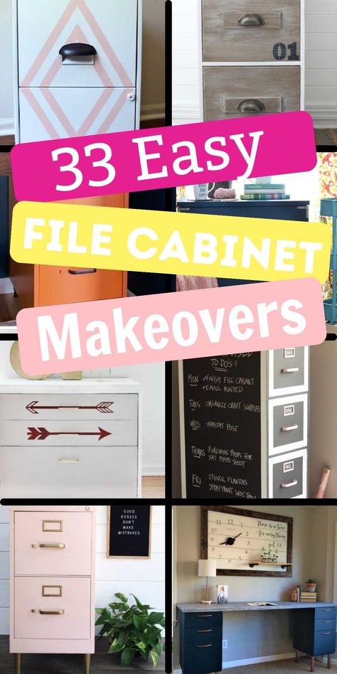 Upcycled File Cabinet Ideas, Home Office Filing Cabinet Chic, Diy Metal Filing Cabinet Makeover, Filing Cabinet Bookcase, Refinish File Cabinet, Upgrade Metal Filing Cabinet, Painting Metal Filing Cabinet, Small Filing Cabinet Ideas, Desk Made From Filing Cabinets