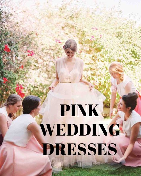 16 Pretty-in-Pink Wedding Dresses | Martha Stewart Weddings - For her pink wedding in Palm Springs, this bride knew she was going to be wearing a blush-colored dress. Her Chaviano Couture gown featured illusion straps, a billowing skirt, and a delicate gold belt. Casual Pink Wedding Dress, Wedding Dresses Pink Blush, Pink Chiffon Wedding Dress, Short Pink Wedding Dress, Pink Short Wedding Dress, Soft Pink Wedding Dress, Pale Pink Wedding Dress, Over 50 Wedding Dress, Blush Color Wedding Dress