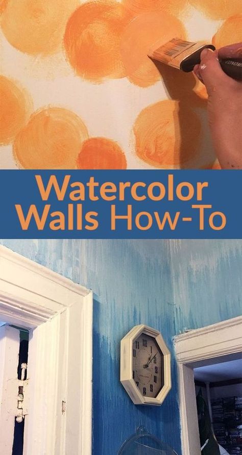 Watercolour Paint Effect on walls Love the idea and the blue wall in tutorial is lovely but I wouldn't consider the orange wall to have a  watercolour effect and I don't like that example.  Great concept to consider tho. Paint Effects On Walls, Accent Wall Ideas Painted, Painting Techniques Walls, Diy Wall Painting Techniques, Colorful Art Studio, Watercolor Mural, Wall Murals Diy, Wall Painting Techniques, Diy Wall Painting