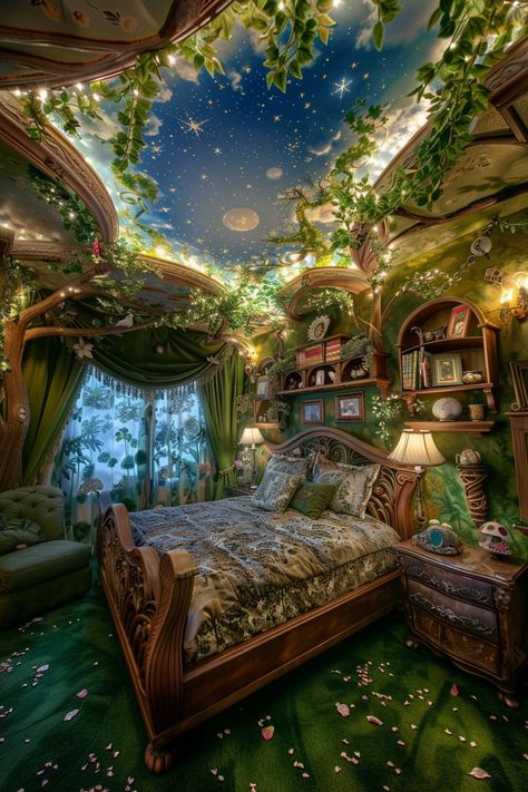 Escape to Enchantment: Tour a Whimsical, Nature-Themed Bedroom Oasis Bedroom Decor Whimsical, Green Fairy Room Aesthetic, Fairy Cottage House Dream Homes, Forest Ceiling Bedroom, Elvish Room Aesthetic, Fantasy Cottage Bedroom, Fairy Tale House Interior, Fairy Core Interior, Druid Room Aesthetic