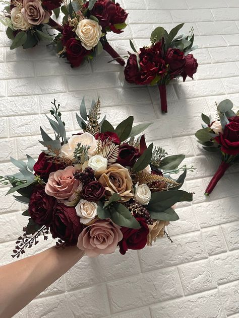 Boho Wedding Bouquet Burgundy Beige Gold Eucalyptus Wedding Maroon Bouquet Deep Red Flowers Cream Mauve Faux Flowers Wedding Dusty Rose by HandyMadeTs on Etsy https://www.etsy.com/listing/1366827872/boho-wedding-bouquet-burgundy-beige-gold