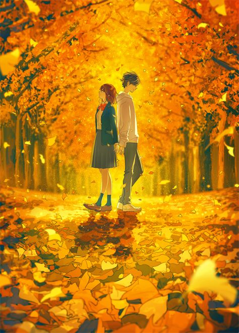 Safebooru - 1boy 1girl ame (conronca) autumn autumn leaves back-to-back black hair black legwear black pants black skirt blazer blue jacket bow bowtie brown footwear brown hair closed eyes closed mouth commentary request day falling leaves forest from side ginkgo leaf hood hood down hooded jacket jacket leaf loafers long sleeves looking up nature open clothes open jacket original outdoors pants pleated skirt profile red neckwear school uniform shirt shirt tucked in shoes short hair skirt smile s Tumblr, All Out Anime, Anime Love Story, Japon Illustration, 캐릭터 드로잉, Cute Couple Drawings, Animated Love Images, Anime Love Couple, Romantic Art