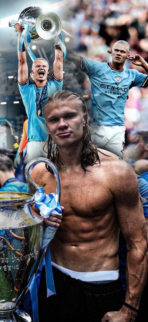 Haaland wallpaper of Him lifting the UEFA champions league Trophy after Manchester city wins against inter Milan in UCL 2023 and also the main picture of Manchester City parade with Haaland shirtless showing his abs Dortmund, Football Wallpaper Haaland, Mancity Champions League, Mancity Wallpapers 2023, Haaland Manchester City Wallpaper, Haaland Wallpaper Man City, Manchester City Wallpapers, Man City Squad, Uefa Champions League Trophy