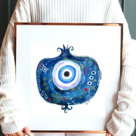 Croquis, Turkish Art Paintings, Evil Eye Art Painting, Blue Eye Painting, Evil Eye Artwork, Evil Eye Illustration, Hamsa Painting, Blue Pomegranate, Armenian Pomegranate