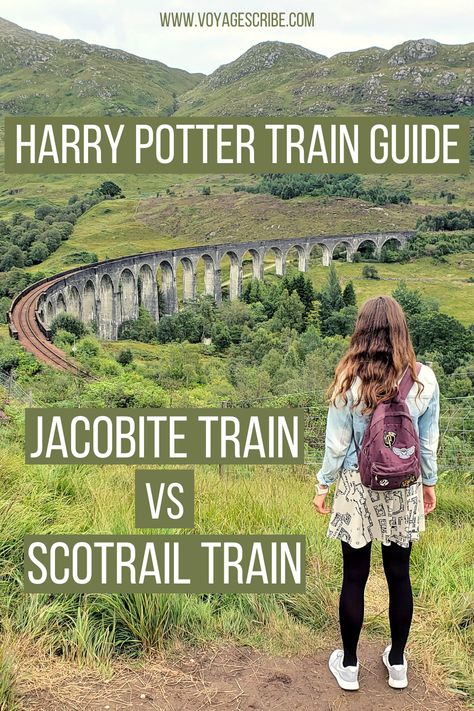 Wearing Marauder's Map dress and Harry Potter backpack while looking out at the Glenfinnan Viaduct, which the "Harry Potter" train rides over. Harry Potter Train Scotland, Harry Potter Scotland, Edinburgh Harry Potter, Jacobite Steam Train, London To Scotland, Hogwarts Train, Diesel Train, Harry Potter Train, Glenfinnan Viaduct