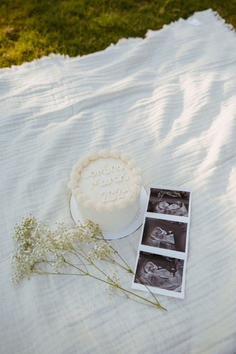 baby announcement with cake, baby’s breath and sonogram 🫶🏼 by Samantha York Photo Maternity Announcement Pictures With Siblings, Beach Cake Gender Reveal, Gender Reveal Photoshoot With Cake, Half Baked Baby Announcement, We’re Pregnant Cake, Baby Reveal Picture Ideas, Gender Reveal Cake Picnic, Nyc Baby Announcement, Preg Announcement Photoshoot