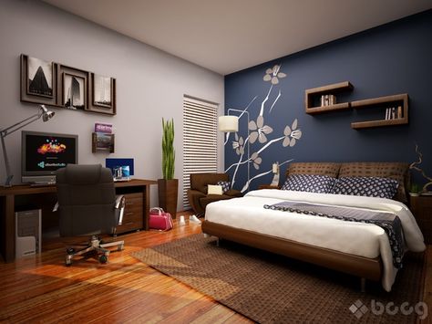 Master Bedroom colors? Gray walls with navy blue accent wall Perete Accent, Design Ložnic, Bedroom Paint Colors Master, Blue Accent Walls, Bedroom Wall Designs, Bilik Tidur, Bedroom Wall Colors, Accent Wall Bedroom, Modern Bedroom Decor