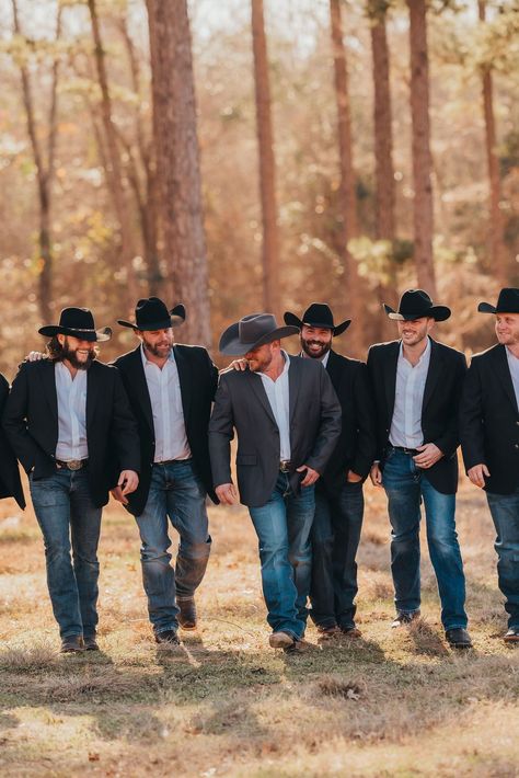 Groom and his groomsmen Vaquero Wedding Groom, Cowboy Casual Wedding Attire, Groomsmen Cowboy Attire, Fall Western Groomsmen Attire, Groom Not Matching Groomsmen, Groomsmen Outfits Fall Wedding, Cowboy Hats Groomsmen, September Wedding Groomsmen Groom Attire, Groomsmen Outfits With Jeans