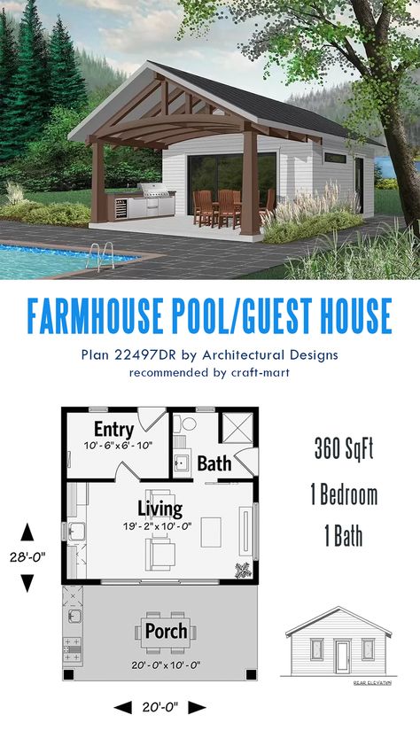 Among the variety of styles, this popular pool house floor plan may be the right plan for you. With 360 square feet of space, it can serve as a functional pool house to enjoy after a long day of work or a perfect place for occasional house guests. A beautiful outdoor kitchen has plenty of space for outdoor furniture and enjoying BBQs with friends by the pool. Cool Pool House Ideas, Garden Shed Pool House, Pool House With Office, Shed And Pool House Combo, Backyard Guest House Plans, Small Pool House Floor Plans, Adu Pool House, Pool House Floor Plan, Shed To Pool House