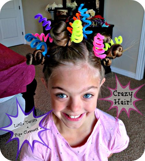 Blue Skies Ahead: Crazy Hair Day Ideas!  Use pipe cleaners to add a little more crazy ;) Easy Wacky Hair Day Ideas, Whoville Hair, Crazy Hair For Kids, Wacky Hair Day Ideas, Wacky Hair Day, Candy Girls, Twisted Hair, Simple Prom Hair, Easy Hairdos