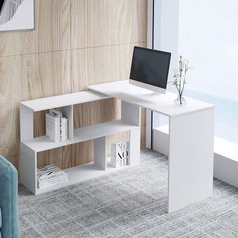 Outwin Folding Computer Table, 360 Rotating L Shape Corner Desk Wood PC Laptop Desk with Shelf, Study Table for Office and Home 120 * 119 * 77 (White): Amazon.co.uk: Kitchen & Home Corner Study Table Ideas, Shelf Study Table, Folding Study Table, Diy Study Table, Wall Dining Table, Table For Office, Computer Table Design, Desk With Shelf, Study Room Furniture