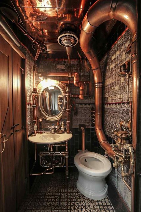 Step into a world of Victorian elegance and industrial charm with these steampunk-inspired bathrooms. Featuring exposed pipes, vintage fixtures, and intricate metalwork, these unique spaces blend the past with the future. Transform your bathroom into a steampunk sanctuary with these design ideas. #SteampunkBathrooms #IndustrialFeatures #VintageFixtures #VictorianElegance Steampunk Train Interior, Steampunk Bar Ideas, Steampunk Furniture Decor Ideas, Steam Punk Bathroom, Steampunk Apartment, Steampunk Room Ideas, Steampunk General, Steampunk Bed, Barbie Hotel